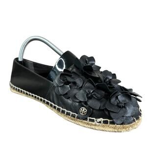Tory Burch Blossom Espadrille Flats Womens 8.5 Black Leather Flowers Shoes